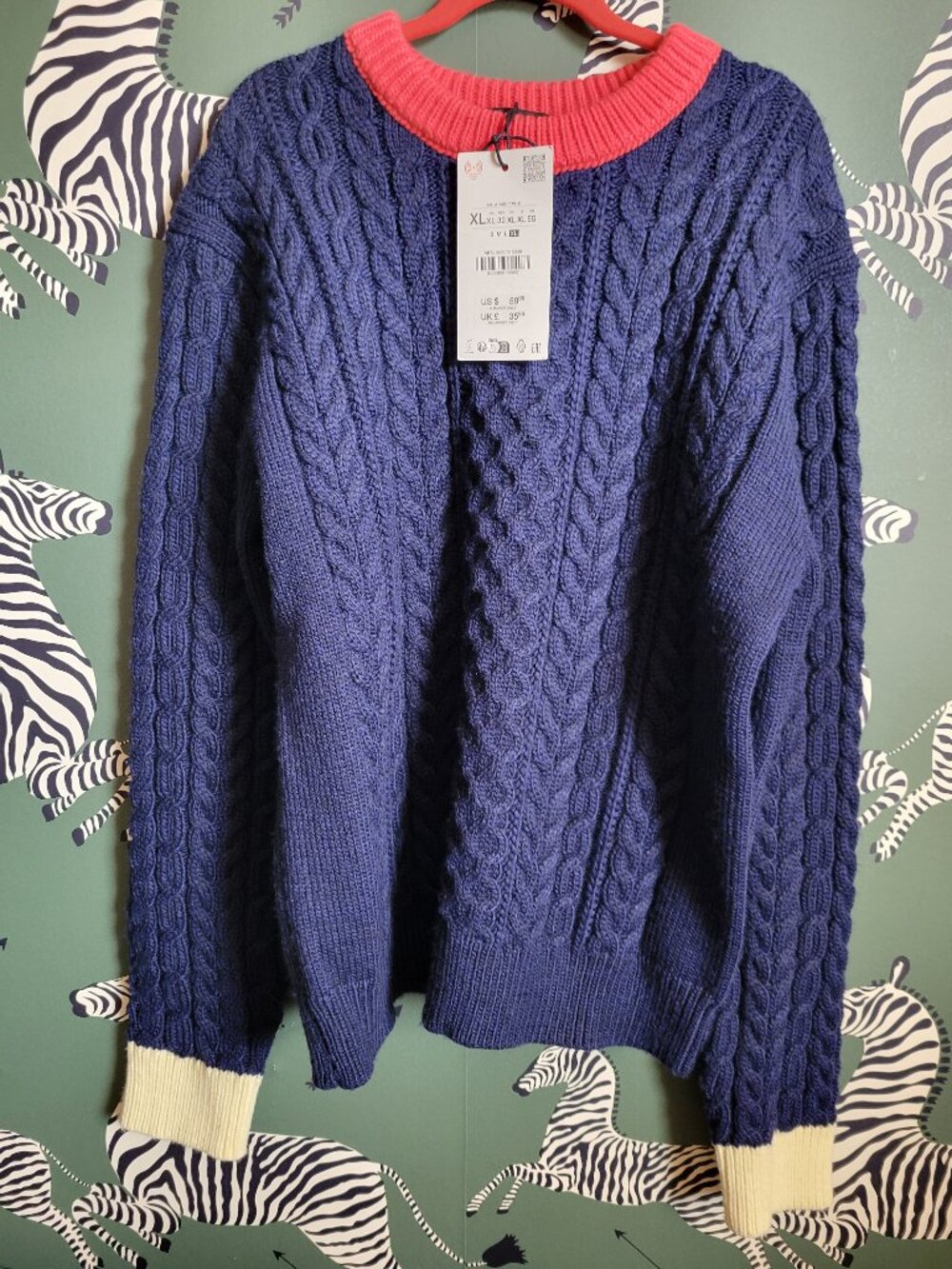 Zara Cable Knit Colorblock Jumper Preppy Sweater Blue Red - Size M - NWT